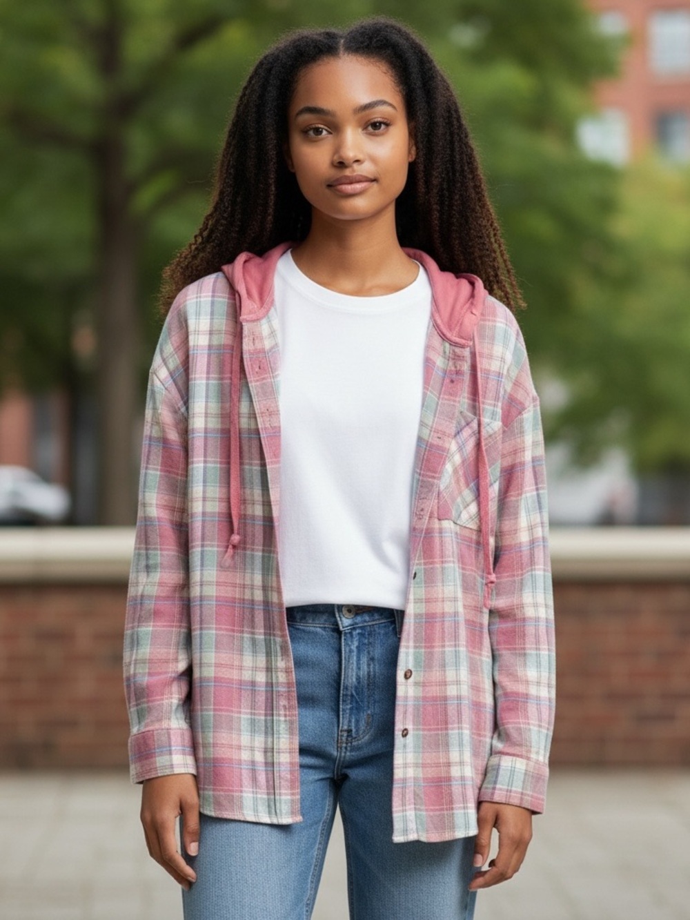 Casual Pink Plaid Hooded Button-Down Shirt